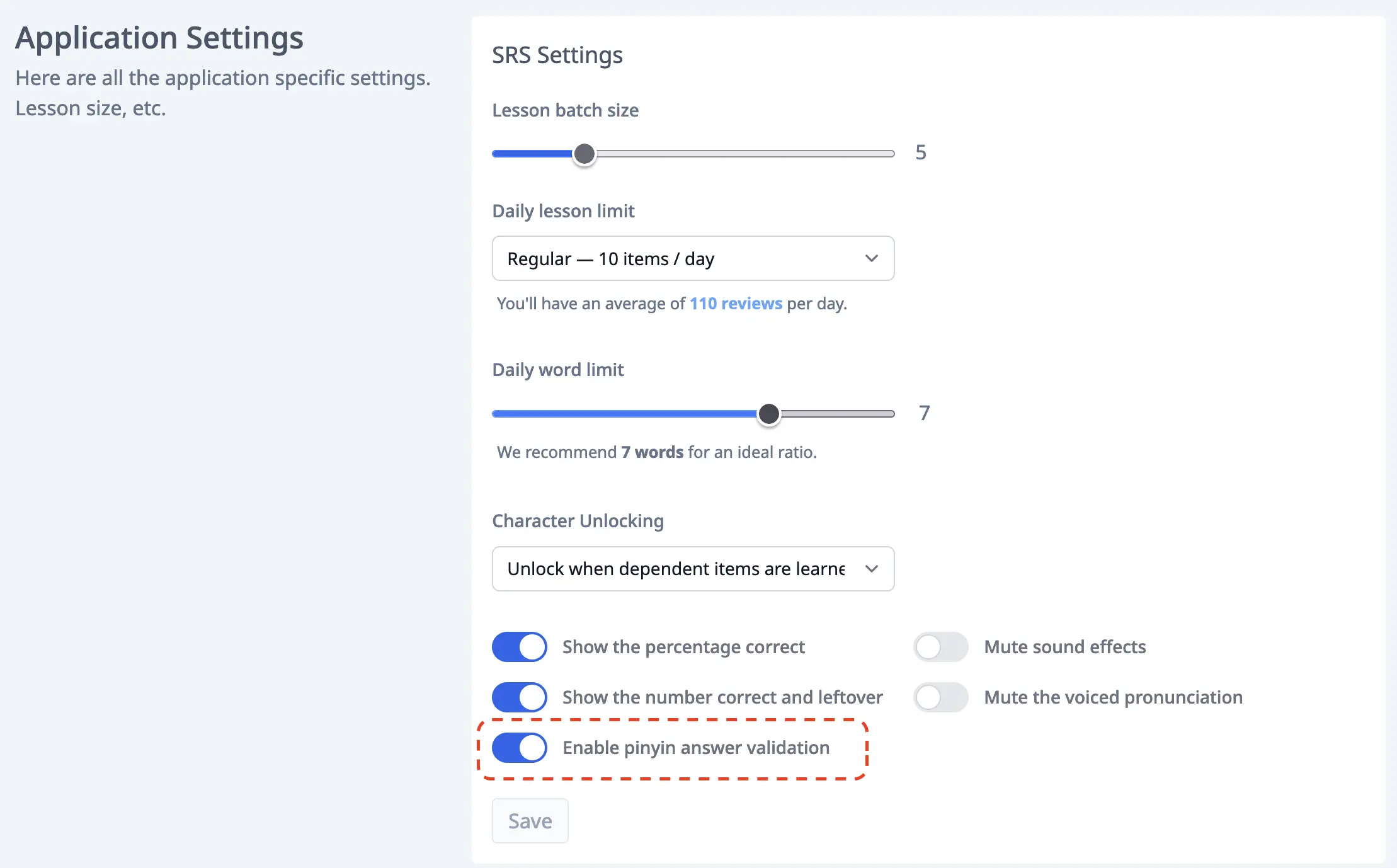 application settings page