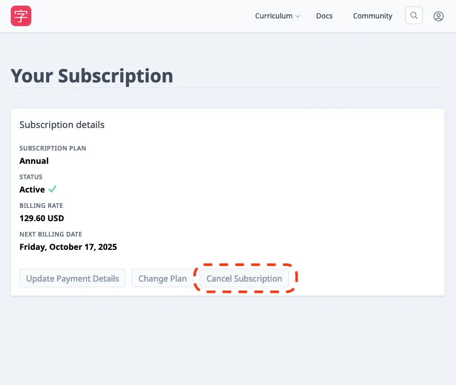 picture of subscription payment cancel button